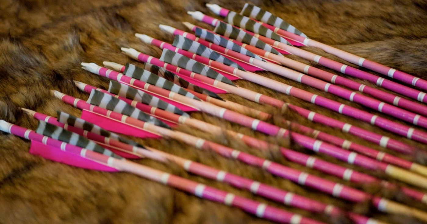 Pink fletched arrows with barred feathers on fur hide
