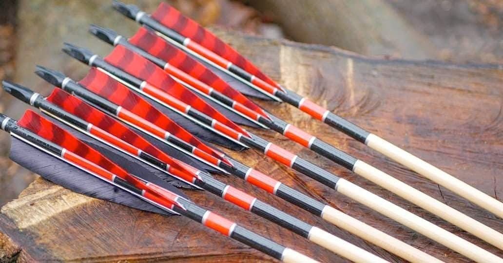 Red and black fletched arrows on a log