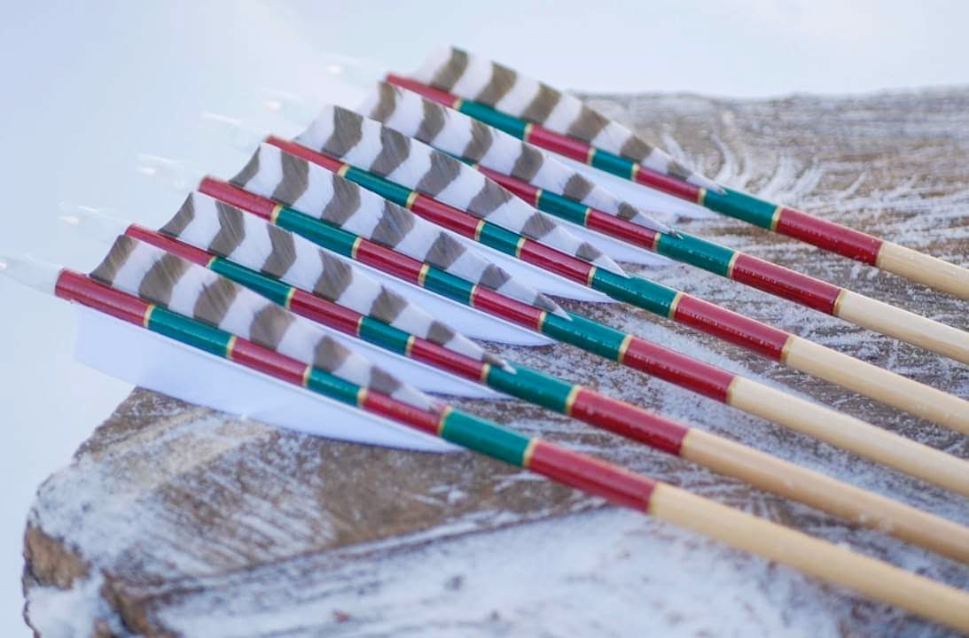 Red, green, and gold fletched arrows with barred turkey feathers