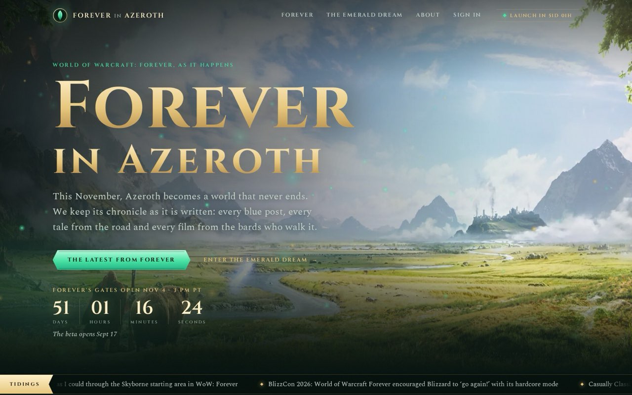 The Forever in Azeroth homepage: a gilded title over a painted Azeroth valley, with the countdown to launch