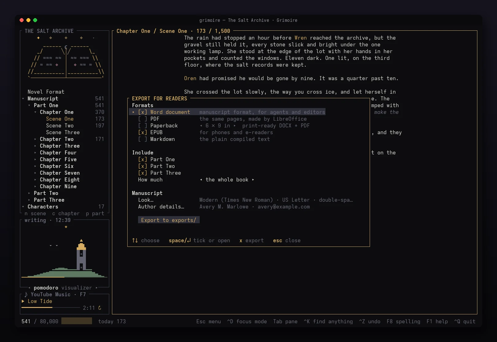 The export dialog: Word manuscript, PDF, paperback, EPUB and Markdown, with samples, look and author details