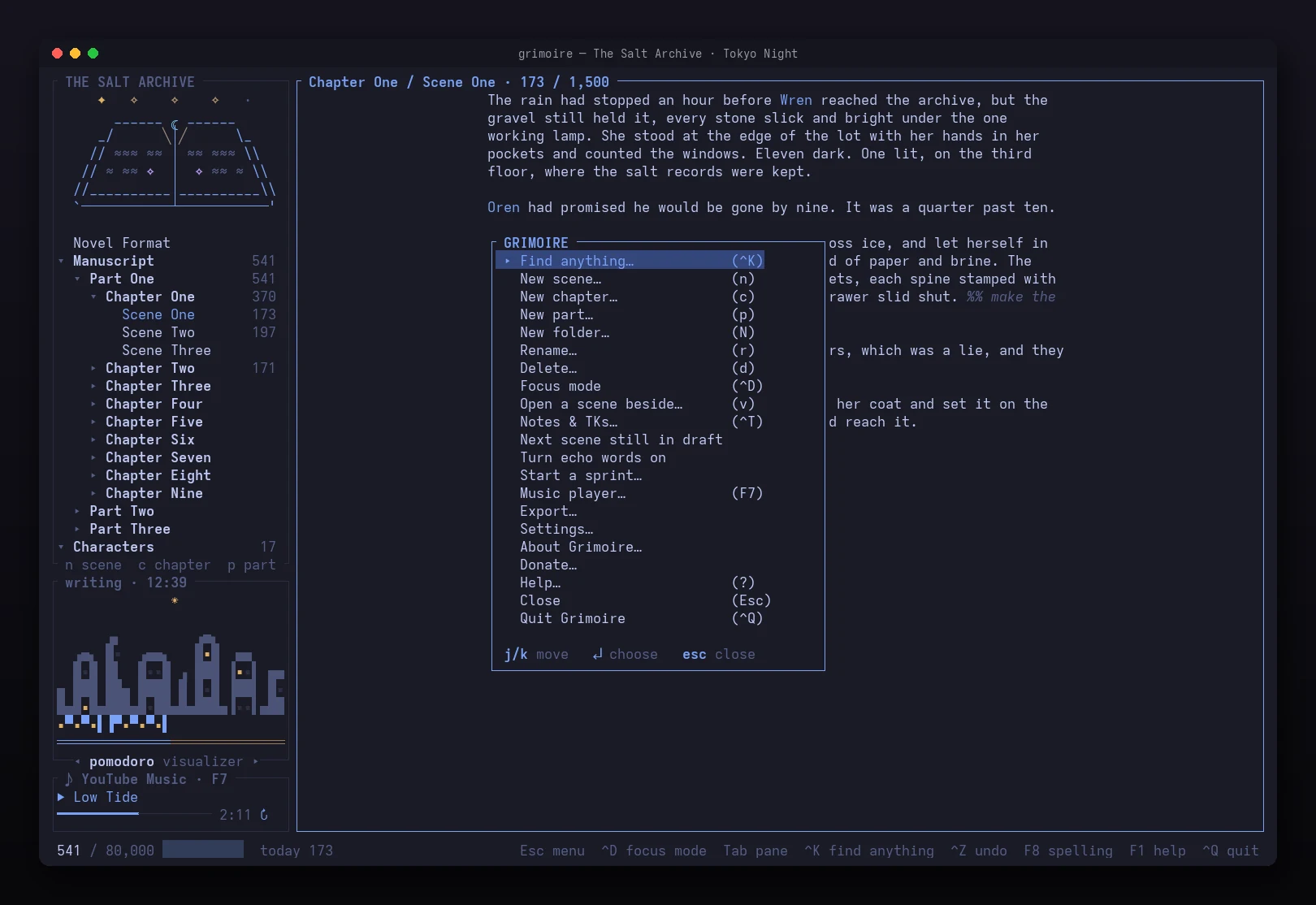 The menu, one Escape away, in the Tokyo Night theme