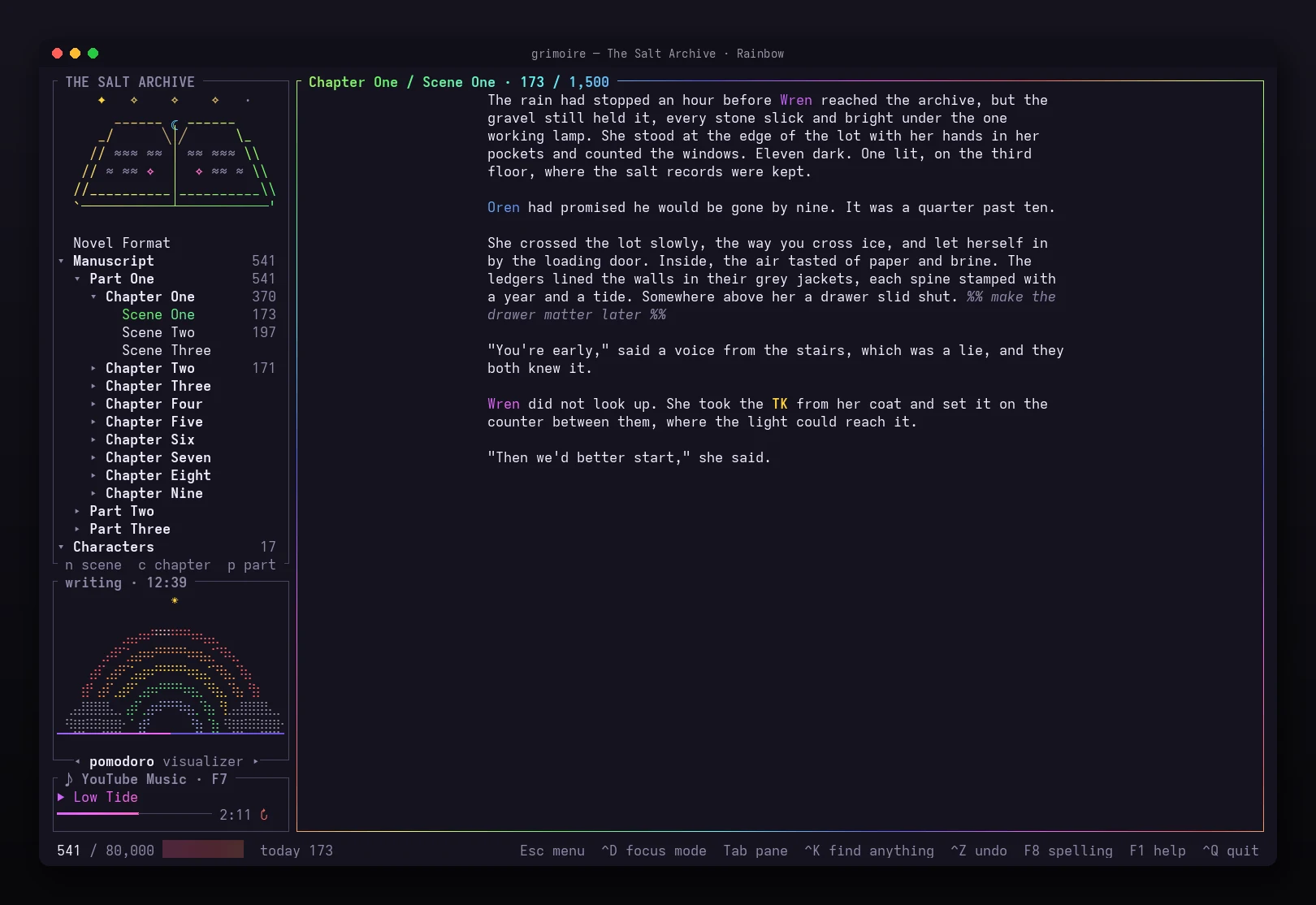 The Rainbow theme: every accent a drifting spectrum and a rainbow of fine ribbons over the Pomodoro