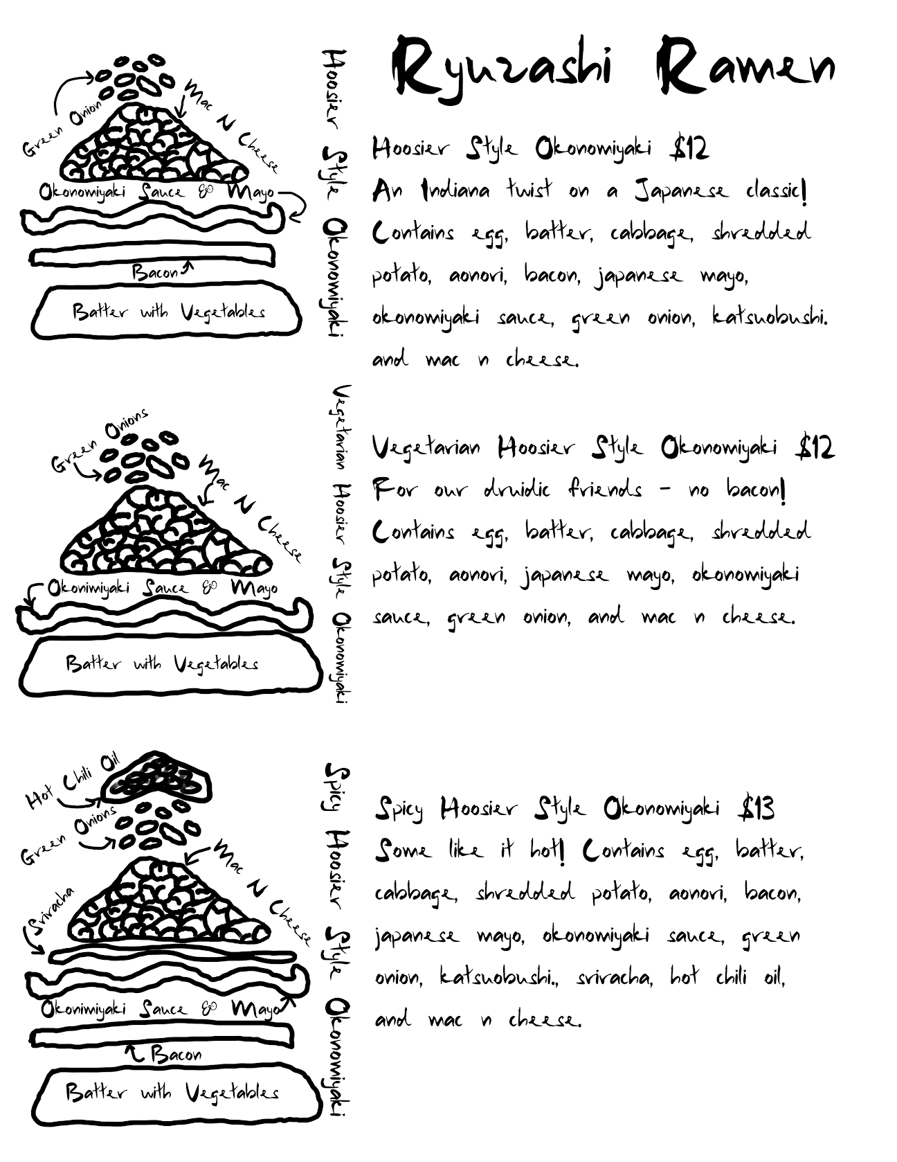 Ryuzashi Ramen okonomiyaki menu — Hoosier Style, Vegetarian, and Spicy varieties