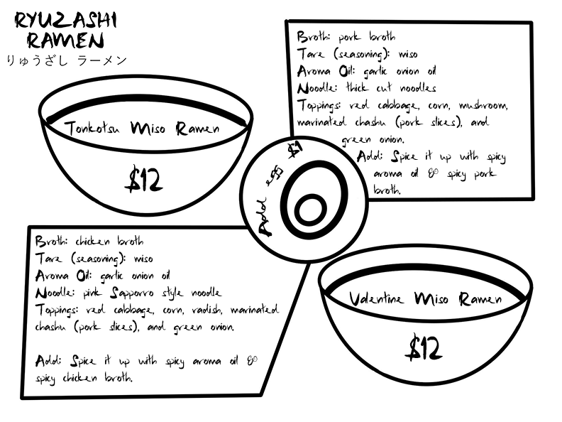 Ryuzashi Ramen menu — Tonkotsu Miso and Valentine Miso Ramen